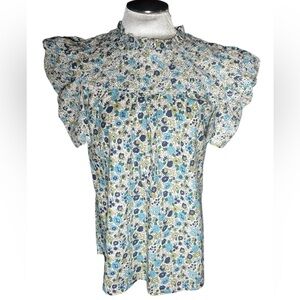 Solitaire Blue and Green Floral Ruffle Blouse